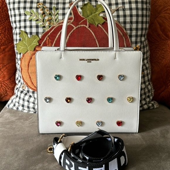 ✨️🔹️RARE🔹️✨️🌈 PREOWN KARL LAGERFELD Maybelle white rainbow hearts Satchel🌈